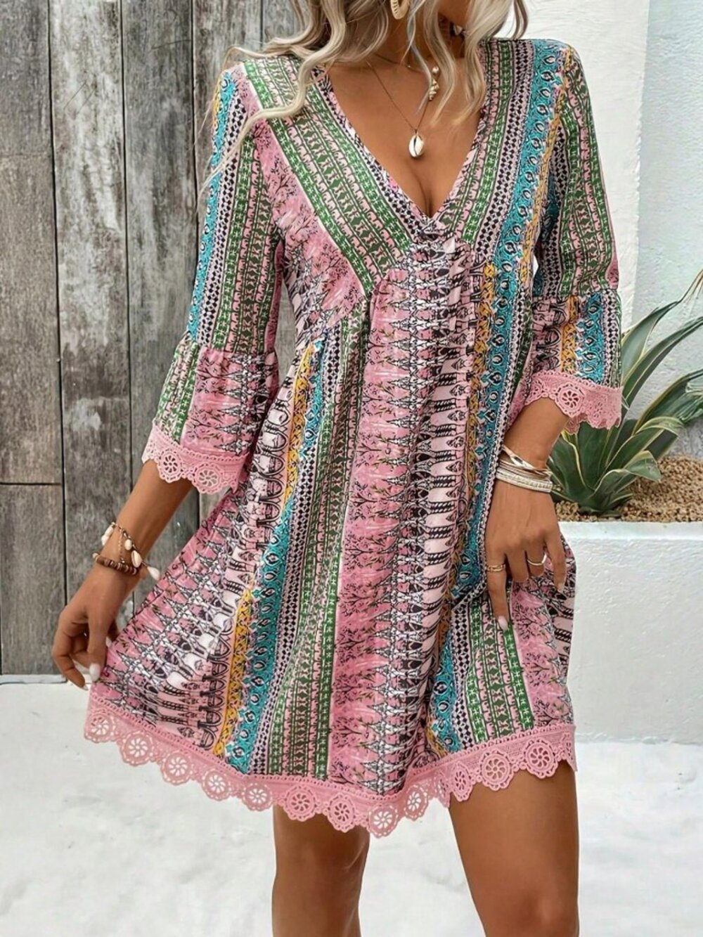 Multicolor Pink Printed V-Neck A-Line Dress